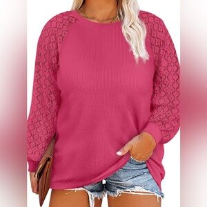 Strawberry Pink Plus Size‎ Contrast Lace Sleeve Waffle Knit Top